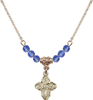 18" Hamilton Gold Plated Necklace with 4mm Sapphire Crystal Beads featuring a 14kt Gold Filled 4-Way Medal.
