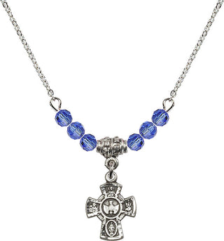 18" Rhodium Plated Necklace with 4mm Sapphire Crystal Beads featuring a Sterling Silver 5-Way Medal.