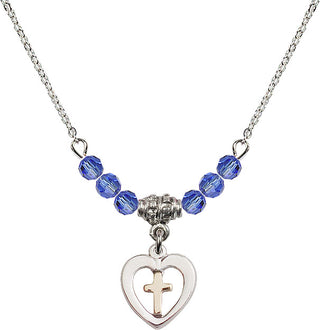 18" Rhodium Plated Necklace with 4mm Sapphire Crystal Beads featuring a Gold Filled / Sterling Silver Heart / Cross Medal.