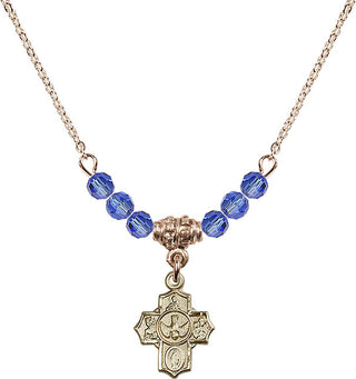 18" Hamilton Gold Plated Necklace with 4mm Sapphire Crystal Beads featuring a 14kt Gold Filled 5-Way Medal.