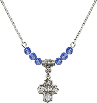 18" Rhodium Plated Necklace with 4mm Sapphire Crystal Beads featuring a Sterling Silver 5-Way Medal.