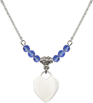 18" Rhodium Plated Necklace with 4mm Sapphire Crystal Beads featuring a Sterling Silver Heart Medal. Engraved Catholic Saint Jewelry