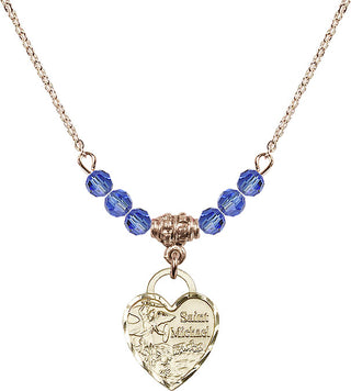 18" Hamilton Gold Plated Necklace with 4mm Sapphire Crystal Beads featuring a 14kt Gold Filled Saint Michael Heart Medal. Engraved Catholic Saint Jewelry