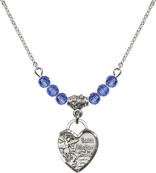 18" Rhodium Plated Necklace with 4mm Sapphire Crystal Beads featuring a Sterling Silver Saint Michael Heart Medal. Engraved Catholic Saint Jewelry