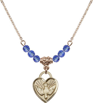 18" Hamilton Gold Plated Necklace with 4mm Sapphire Crystal Beads featuring a 14kt Gold Filled Confirmation Heart Medal. Engraved Catholic Saint Jewelry