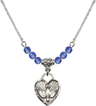 18" Rhodium Plated Necklace with 4mm Sapphire Crystal Beads featuring a Sterling Silver Confirmation Heart Medal. Engraved Catholic Saint Jewelry