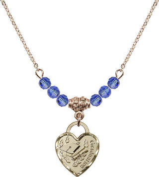 18" Hamilton Gold Plated Necklace with 4mm Sapphire Crystal Beads featuring a 14kt Gold Filled Graduation Heart Medal. Engraved Catholic Saint Jewelry