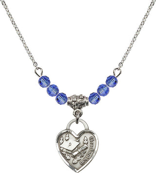 18" Rhodium Plated Necklace with 4mm Sapphire Crystal Beads featuring a Sterling Silver Graduation Heart Medal. Engraved Catholic Saint Jewelry