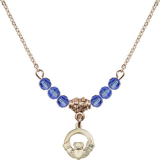 18" Hamilton Gold Plated Necklace with 4mm Sapphire Crystal Beads featuring a 14kt Gold Filled Claddagh Medal.