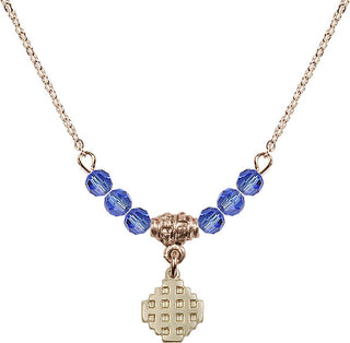 18" Hamilton Gold Plated Necklace with 4mm Sapphire Crystal Beads featuring a 14kt Gold Filled Jerusalem Cross Medal.