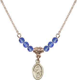 18" Hamilton Gold Plated Necklace with 4mm Sapphire Crystal Beads featuring a 14kt Gold Filled Scapular Medal.