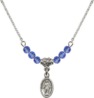 18" Rhodium Plated Necklace with 4mm Sapphire Crystal Beads featuring a Sterling Silver Scapular Medal.