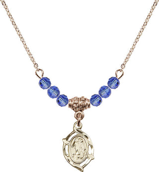 18" Hamilton Gold Plated Necklace with 4mm Sapphire Crystal Beads featuring a 14kt Gold Filled Guardian Angel Medal.
