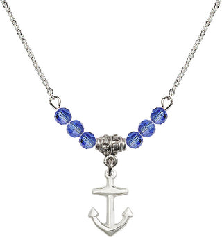 18" Rhodium Plated Necklace with 4mm Sapphire Crystal Beads featuring a Sterling Silver Anchor Medal.