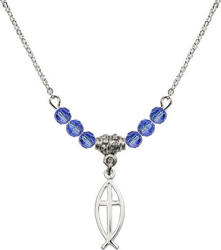 18" Rhodium Plated Necklace with 4mm Sapphire Crystal Beads featuring a Sterling Silver Fish / Cross Medal.