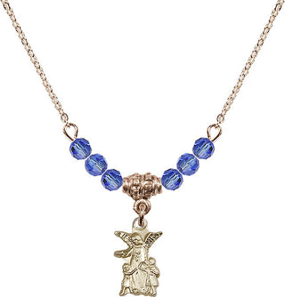 18" Hamilton Gold Plated Necklace with 4mm Sapphire Crystal Beads featuring a 14kt Gold Filled Guardian Angel Medal.