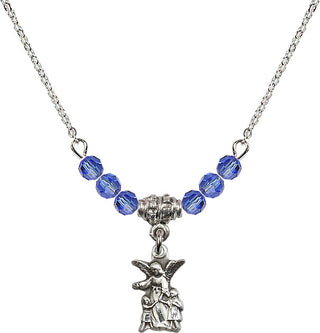 18" Rhodium Plated Necklace with 4mm Sapphire Crystal Beads featuring a Sterling Silver Guardian Angel Medal.
