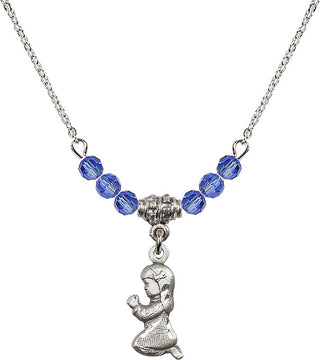 18" Rhodium Plated Necklace with 4mm Sapphire Crystal Beads featuring a Sterling Silver Praying Girl Medal.