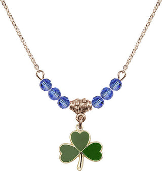 18" Hamilton Gold Plated Necklace with 4mm Sapphire Crystal Beads featuring a 14kt Gold Filled Shamrock Medal.