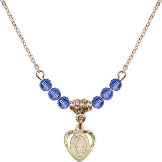 18" Hamilton Gold Plated Necklace with 4mm Sapphire Crystal Beads featuring a 14kt Gold Filled Miraculous Medal.