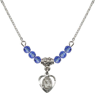 18" Rhodium Plated Necklace with 4mm Sapphire Crystal Beads featuring a Sterling Silver Scapular Medal.