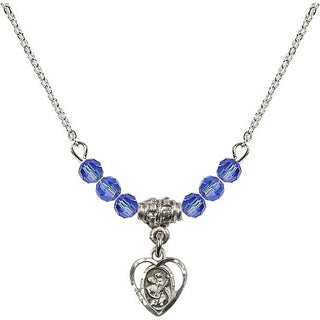 18" Rhodium Plated Necklace with 4mm Sapphire Crystal Beads featuring a Sterling Silver Saint Christopher Medal. Engraved Catholic Saint Jewelry