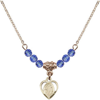 18" Hamilton Gold Plated Necklace with 4mm Sapphire Crystal Beads featuring a 14kt Gold Filled Guardian Angel Medal. Engraved Catholic Saint Jewelry