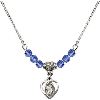 18" Rhodium Plated Necklace with 4mm Sapphire Crystal Beads featuring a Sterling Silver Guardian Angel Medal. Engraved Catholic Saint Jewelry