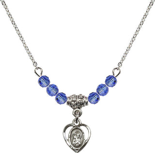 18" Rhodium Plated Necklace with 4mm Sapphire Crystal Beads featuring a Sterling Silver Saint Ann Medal. Engraved Catholic Saint Jewelry
