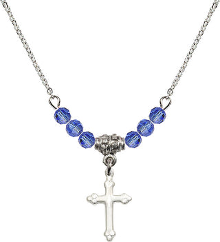 18" Rhodium Plated Necklace with 4mm Sapphire Crystal Beads featuring a Sterling Silver Cross Medal.