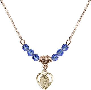 18" Hamilton Gold Plated Necklace with 4mm Sapphire Crystal Beads featuring a 14kt Gold Filled Our Lady of Guadalupe Medal.