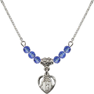 18" Rhodium Plated Necklace with 4mm Sapphire Crystal Beads featuring a Sterling Silver Our Lady of Guadalupe Medal.