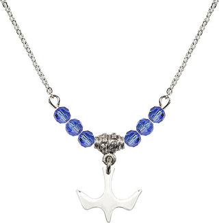 18" Rhodium Plated Necklace with 4mm Sapphire Crystal Beads featuring a Sterling Silver Holy Spirit Medal.