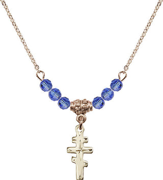 18" Hamilton Gold Plated Necklace with 4mm Sapphire Crystal Beads featuring a 14kt Gold Filled Greek Orthadox Cross Medal.