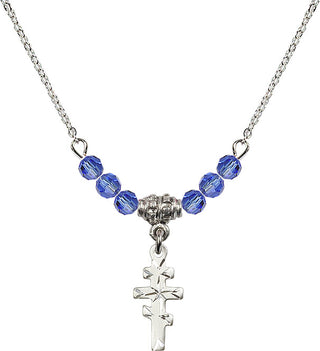 18" Rhodium Plated Necklace with 4mm Sapphire Crystal Beads featuring a Sterling Silver Greek Orthadox Cross Medal.