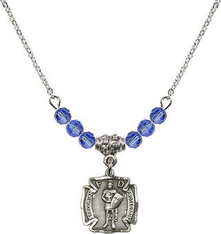 18" Rhodium Plated Necklace with 4mm Sapphire Crystal Beads featuring a Sterling Silver Saint Florian Medal. Engraved Catholic Saint Jewelry