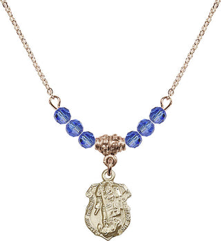 18" Hamilton Gold Plated Necklace with 4mm Sapphire Crystal Beads featuring a 14kt Gold Filled Saint Michael the Archangel Medal. Engraved Catholic Saint Jewelry