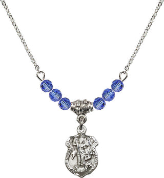 18" Rhodium Plated Necklace with 4mm Sapphire Crystal Beads featuring a Sterling Silver Saint Michael the Archangel Medal. Engraved Catholic Saint Jewelry
