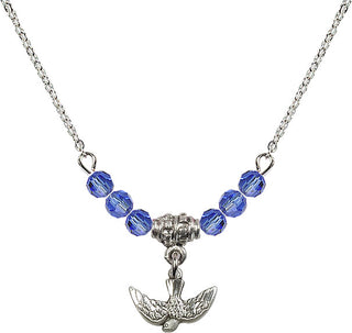 18" Rhodium Plated Necklace with 4mm Sapphire Crystal Beads featuring a Sterling Silver Holy Spirit Medal.