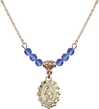 18" Hamilton Gold Plated Necklace with 4mm Sapphire Crystal Beads featuring a 14kt Gold Filled Miraculous Medal.