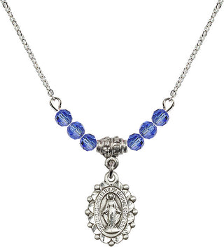 18" Rhodium Plated Necklace with 4mm Sapphire Crystal Beads featuring a Sterling Silver Miraculous Medal.