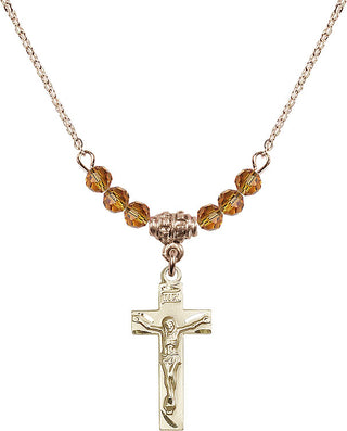 18" Hamilton Gold Plated Necklace with 4mm Topaz Crystal Beads featuring a 14kt Gold Filled Crucifix Medal.