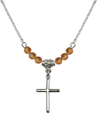 18" Rhodium Plated Necklace with 4mm Topaz Crystal Beads featuring a Sterling Silver Cross Medal.