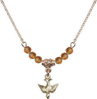 18" Hamilton Gold Plated Necklace with 4mm Topaz Crystal Beads featuring a 14kt Gold Filled Holy Spirit Medal.