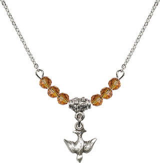 18" Rhodium Plated Necklace with 4mm Topaz Crystal Beads featuring a Sterling Silver Holy Spirit Medal.