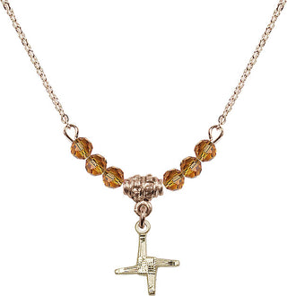 18" Hamilton Gold Plated Necklace with 4mm Topaz Crystal Beads featuring a 14kt Gold Filled Saint Brigid Cross Medal.