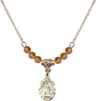 18" Hamilton Gold Plated Necklace with 4mm Topaz Crystal Beads featuring a 14kt Gold Filled Saint Ann Medal.