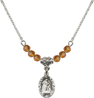 18" Rhodium Plated Necklace with 4mm Topaz Crystal Beads featuring a Sterling Silver Saint Ann Medal.