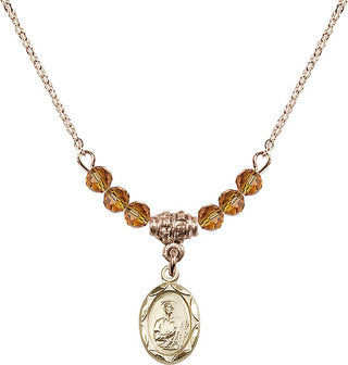 18" Hamilton Gold Plated Necklace with 4mm Topaz Crystal Beads featuring a 14kt Gold Filled Saint Jude Medal.