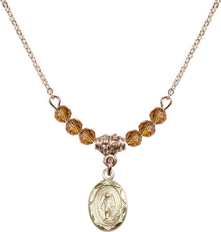 18" Hamilton Gold Plated Necklace with 4mm Topaz Crystal Beads featuring a 14kt Gold Filled Miraculous Medal.